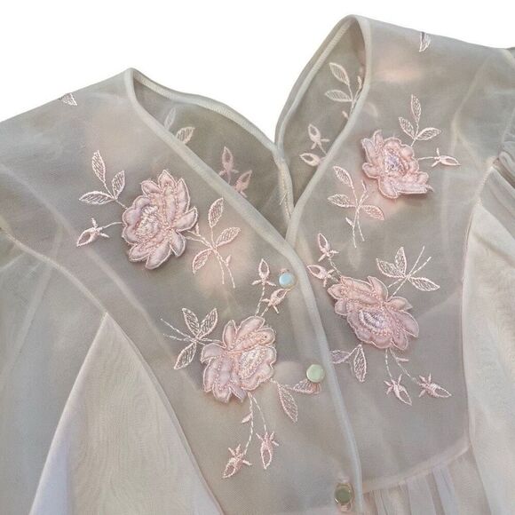 Vintage Women’s Housecoat Pale Pink Chiffon Embroidered Peignoir No Size - Picture 3 of 4